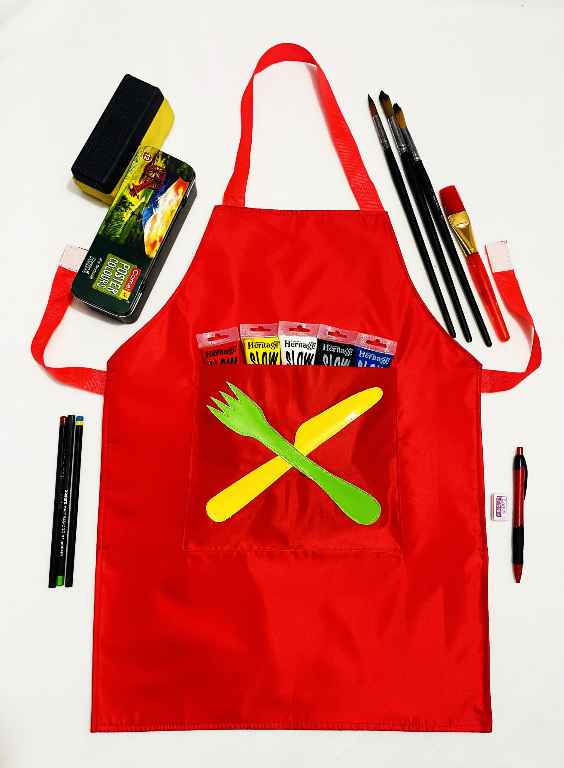 Li’ll Pumpkins Fork & Knife Apron for Kids 6-9 years - Red