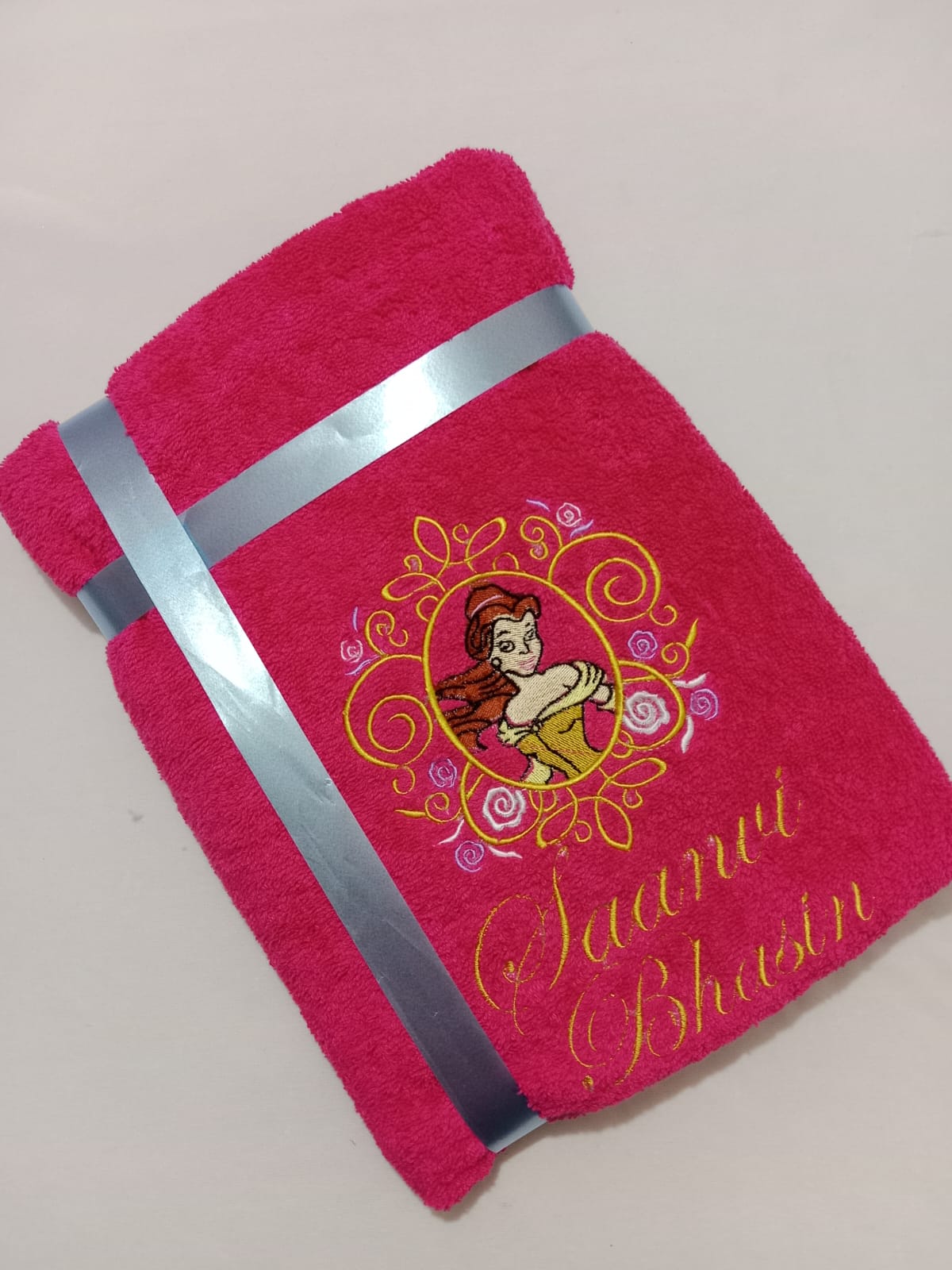 Li’ll Pumpkins Princess Belle Theme Personalized Embroidered 100% Cotton Bath Towel with Name for Kids, 500 GSM (Pack of 1, Dark Pink)