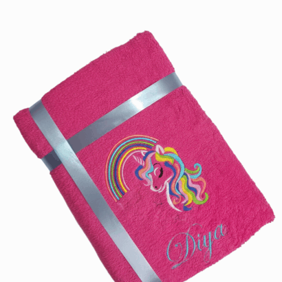 Li’ll Pumpkins Rainbow Unicorn Theme Personalized 100% cotton Bath Towel with NAME, 500 GSM quality (set of 1), Color- Dark Pink