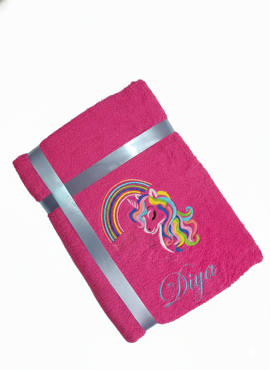 Li’ll Pumpkins Rainbow Unicorn Theme Personalized 100% cotton Bath Towel with NAME, 500 GSM quality (set of 1), Color- Dark Pink