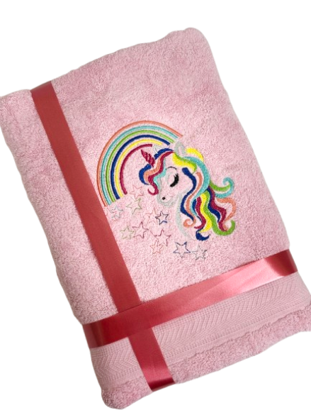 Li’ll Pumpkins Rainbow Unicorn Theme Personalized 100% cotton Bath Towel with NAME, 500 GSM quality (set of 1), Color- Dark Pink