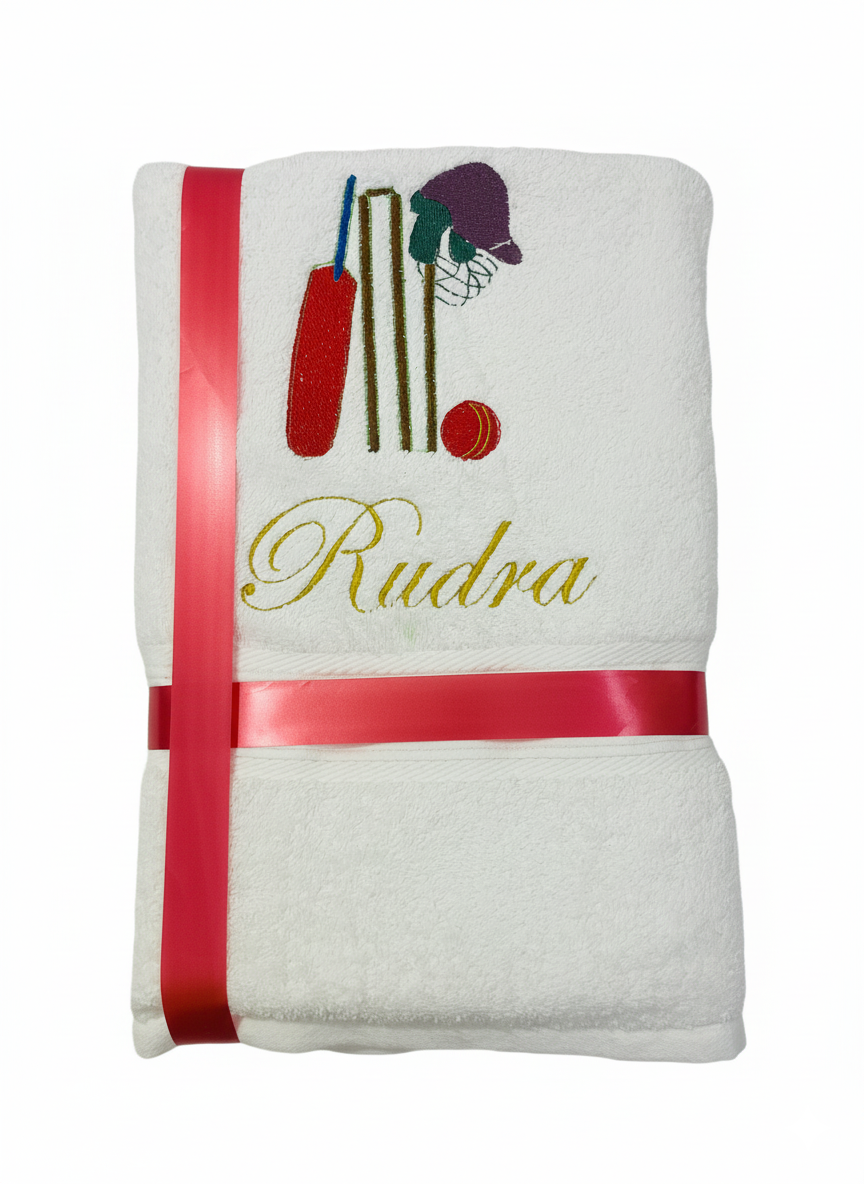 Li’ll Pumpkins Cricket Theme Personalized 100% cotton Bath Towel with NAME 500 GSM quality (set of 1), Color- Blue