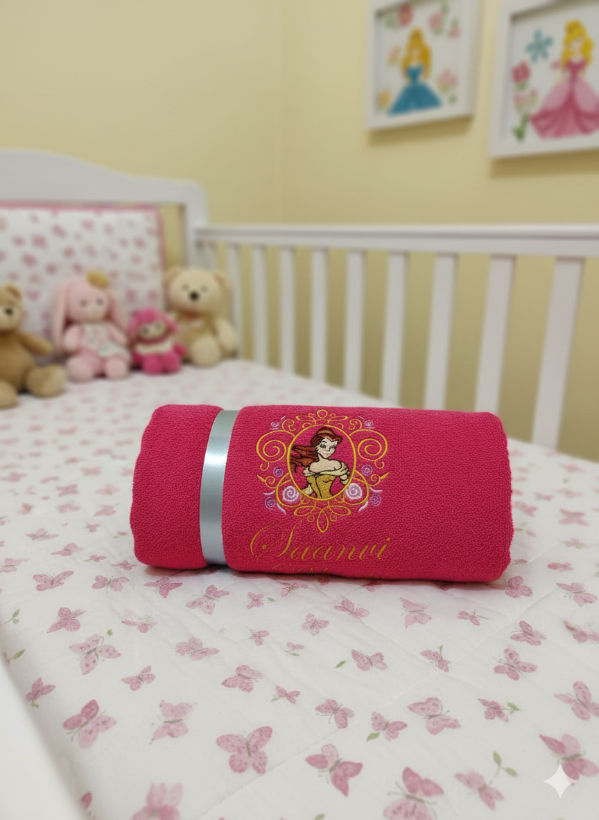 Li’ll Pumpkins Princess Belle Theme Personalized Embroidered 100% Cotton Bath Towel with Name for Kids, 500 GSM (Pack of 1, Dark Pink)