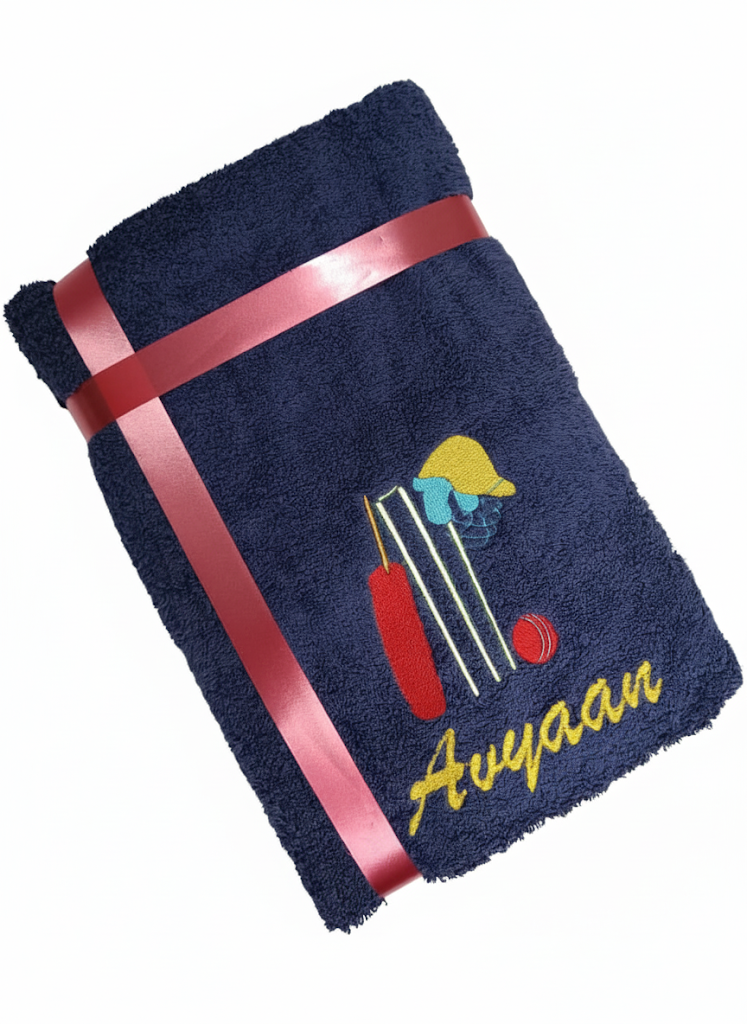 Li’ll Pumpkins Cricket Theme Personalized 100% cotton Bath Towel with NAME 500 GSM quality (set of 1), Color- Blue