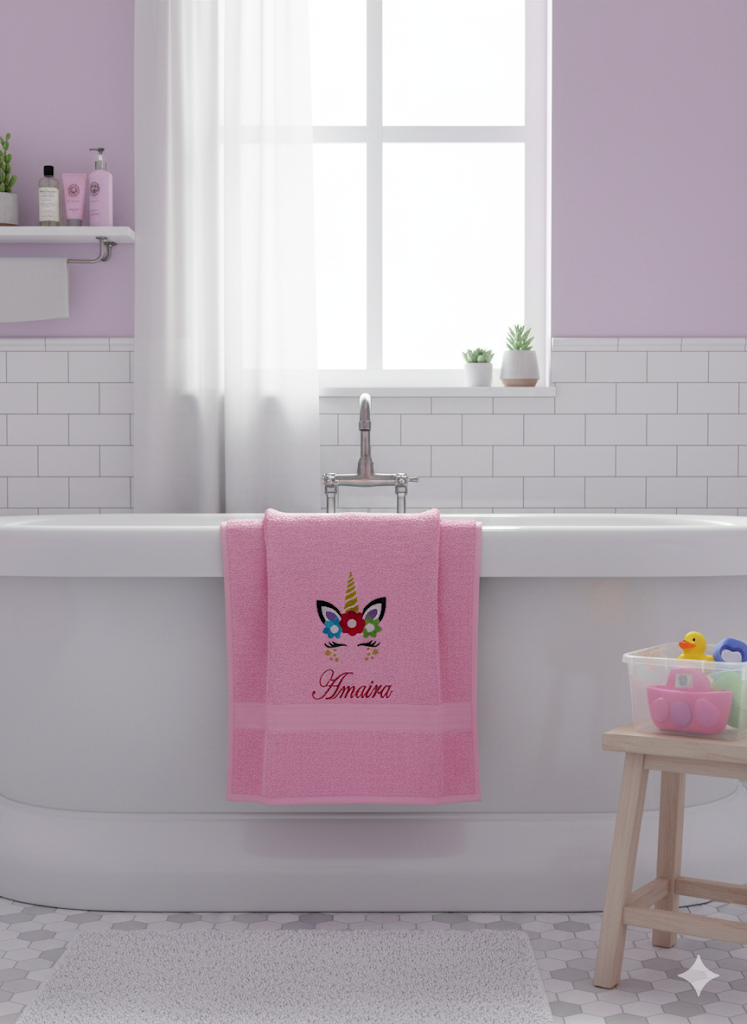 Li’ll Pumpkins Flower Unicorn Theme Personalized 100% cotton Bath Towel with NAME, 500 GSM quality (set of 1), Color- Pink