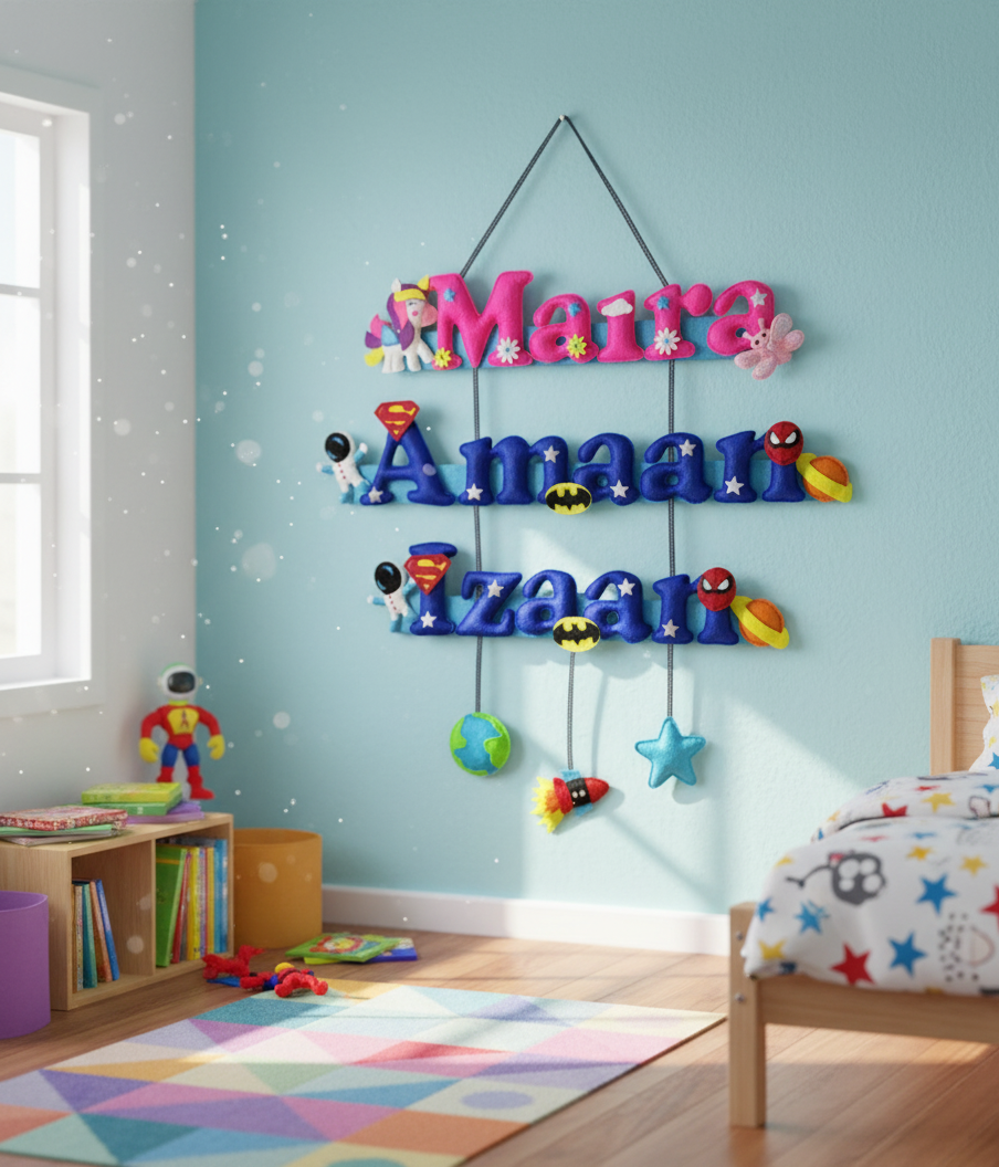 Li'll Pumpkins unicorn space bond name hanging for 3 siblings- Multi color