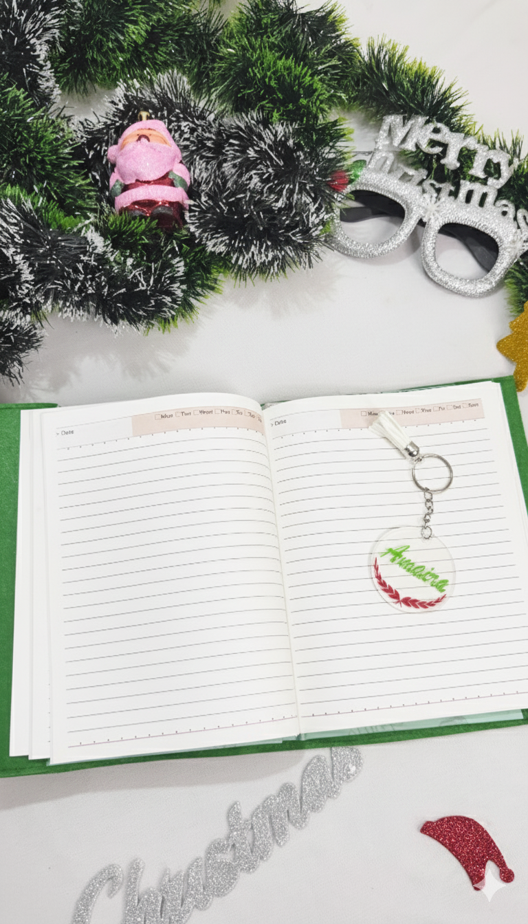 Li'll Pumpkins Personalized Christmas Ho Ho diary and acrylic keychain set- Green