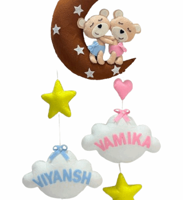 Li'll Pumpkins Twin Teddy Bear Name hanging, Color -Brown