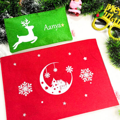 Li'll Pumpkins Personalized Raindeeer Christmas Stationary Pouch and A4 Size Envelope folder- Green & Red