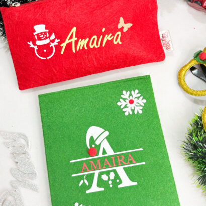 Li'll Pumpkins Personalized Intial theme Christmas Stationary Pouch and Diary set- Red & Green