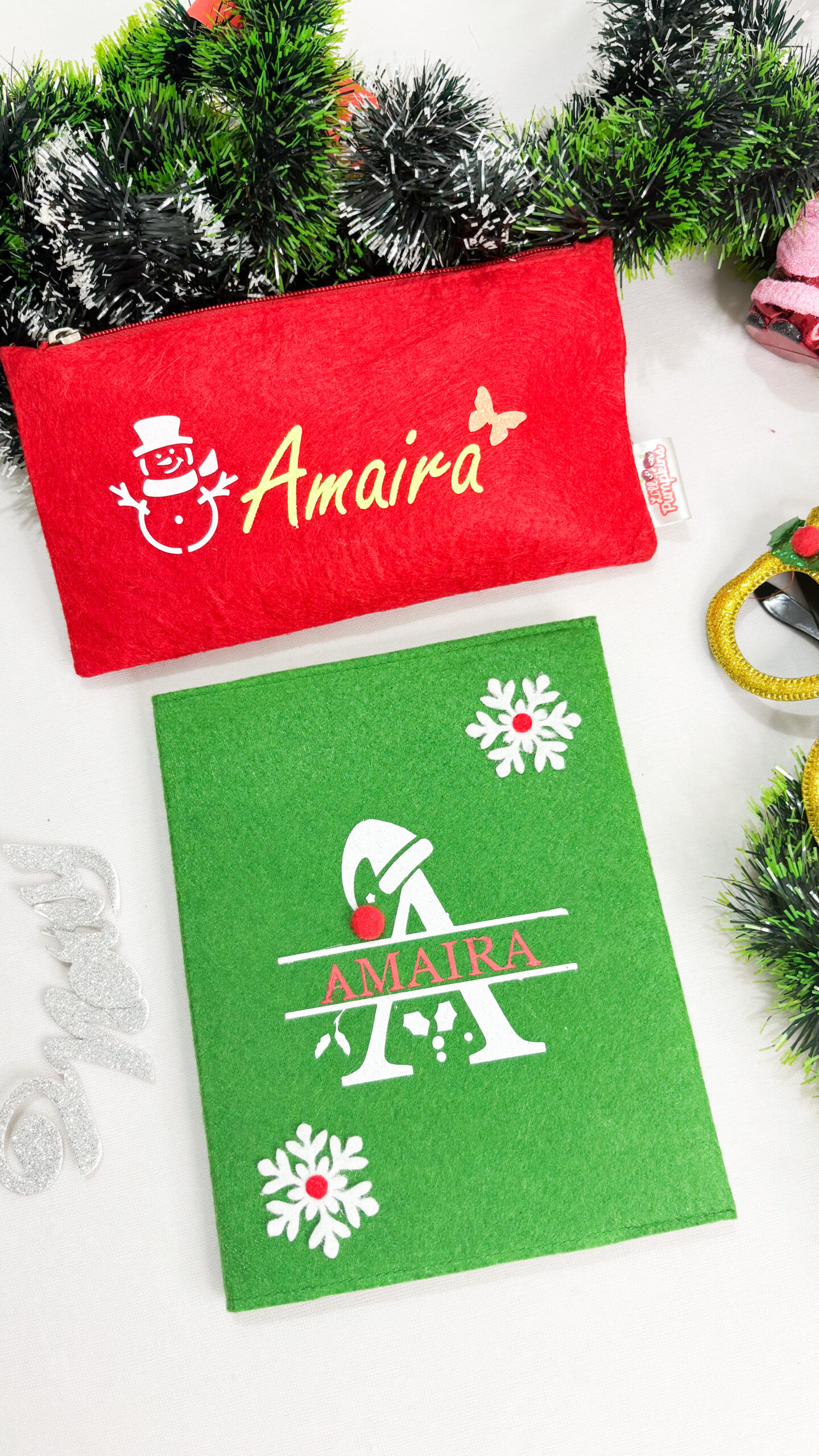 Li'll Pumpkins Personalized Intial theme Christmas Stationary Pouch and Diary set- Red & Green