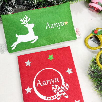 Li'll Pumpkins Personalized Raindeeer Christmas Stationary Pouch and Diary set- Red & Green