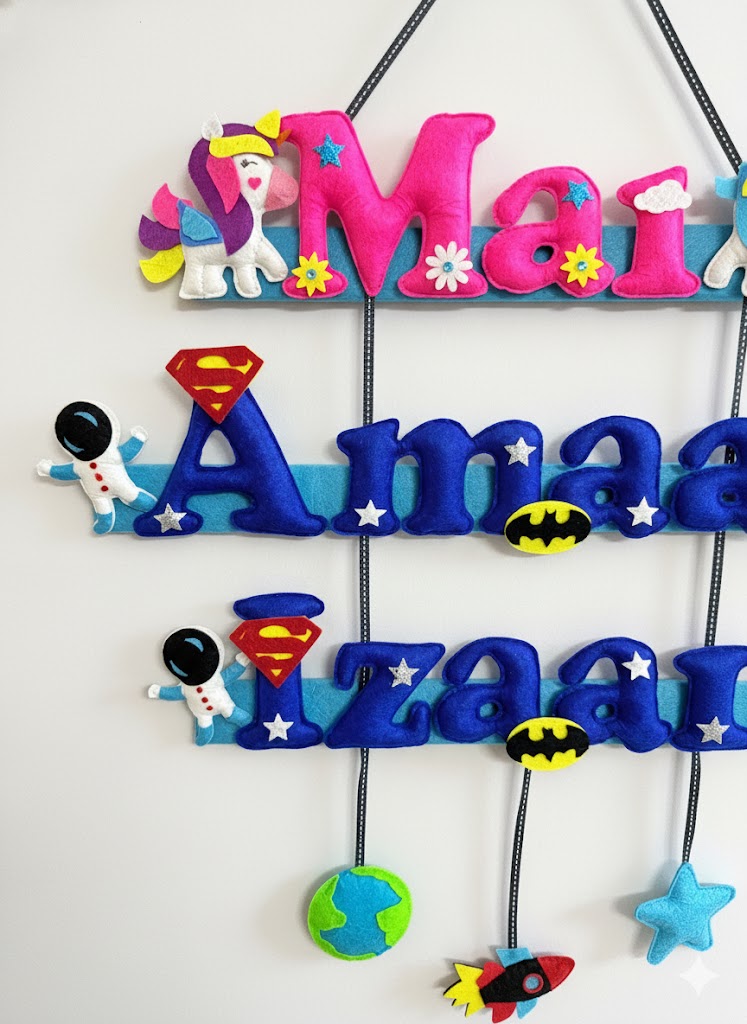 Li'll Pumpkins unicorn space bond name hanging for 3 siblings- Multi color