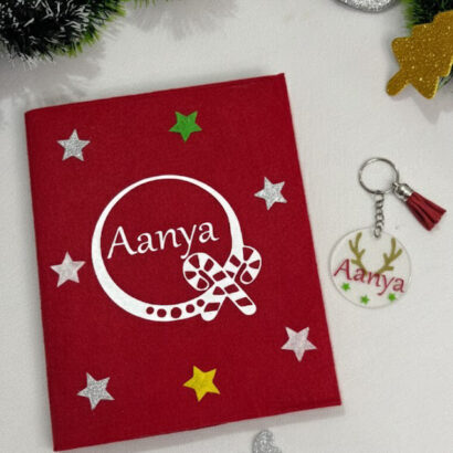 Li'll Pumpkins Personalized Christmas candy cane diary and acrylic keychain set- Red