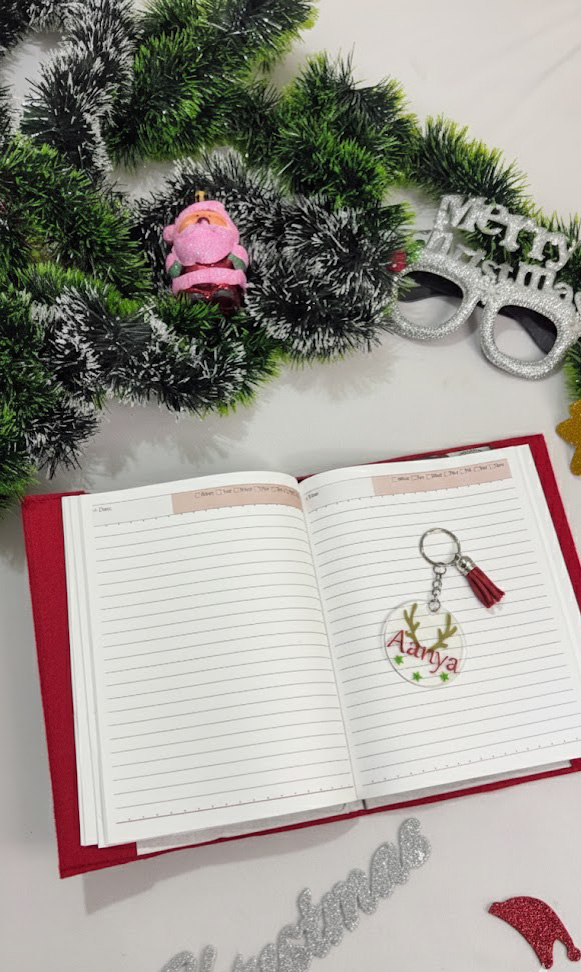 Li'll Pumpkins Personalized Christmas candy cane diary and acrylic keychain set- Red