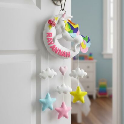 Li'll Pumpkins Moon Unicorn with stars Theme Personalised Felt Name Hanging, Colour - White